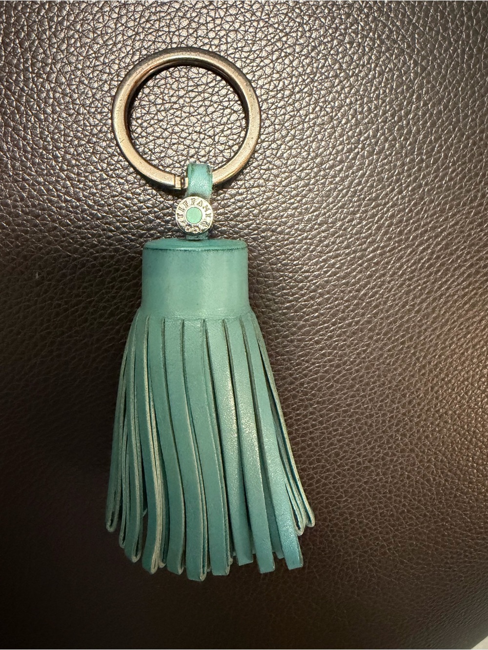 Tiffany & Co. Teal Leather Tassel Keyring with Gold Ring